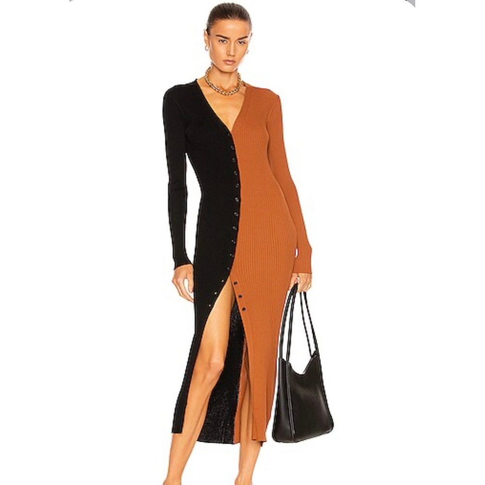 STAUD Shoko Sweater Dress L Black Rust Colorblock Ribbed Knit 90's Inspired